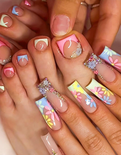 Load image into Gallery viewer, Pink Square Press on Nails Long &amp; Press on Toenails Set -  Flower French Fake Nails Press Ons Nail Art Tips Glue on Nails Full Cover False Toe Nails with Design Stick on Nails Acrylic Nail Kit
