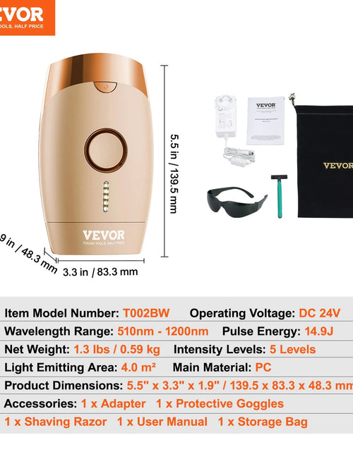 Load image into Gallery viewer, VEVOR IPL Hair Removal, Permanent Hair Removal for Women and Men, Auto/Manual Modes &amp; 5 Adjustable Levels, Painless At-Home Hair Removal Device for Legs, Armpits, Bikini Line, Whole Body

