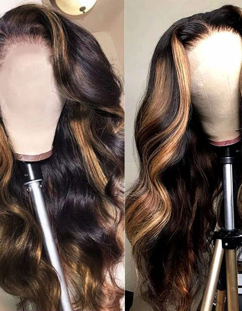Load image into Gallery viewer, Black Brown Highlight Ombre Lace Front Wig Human Hair Honey Blonde Ombre Lace Front Wig Glueless Body Wave Lace Closure Wigs 4X4 Pre Plucked Bleached Knots for Women Balayage 26 Inch
