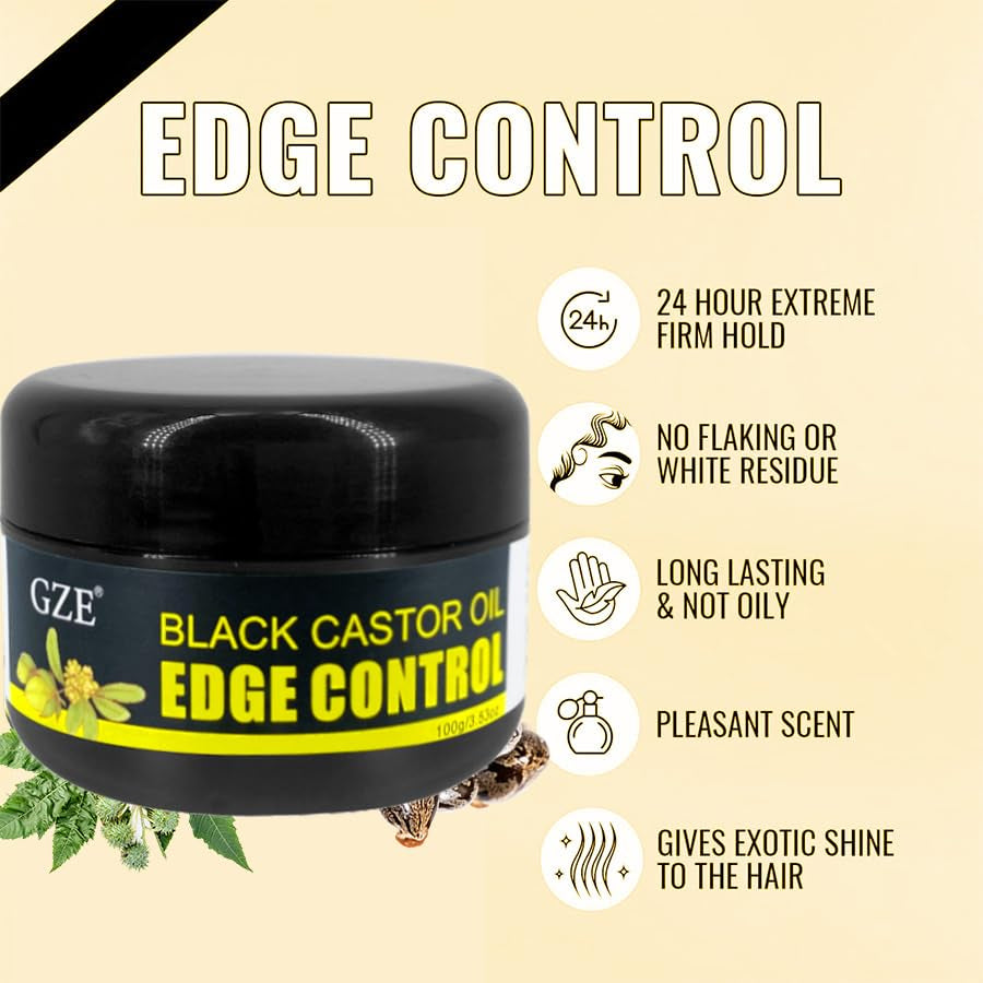GZE Black Castor Oil Edge Gel Extra Hold Braid, Loc, Twist - Tames Frizz & Controls Edges for Women 4C Hair