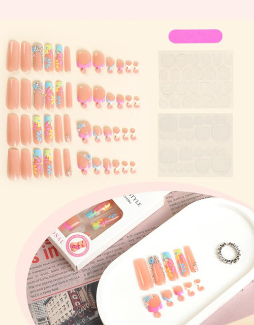 Load image into Gallery viewer, Pink Square Press on Nails Long &amp; Press on Toenails Set -  Flower French Fake Nails Press Ons Nail Art Tips Glue on Nails Full Cover False Toe Nails with Design Stick on Nails Acrylic Nail Kit
