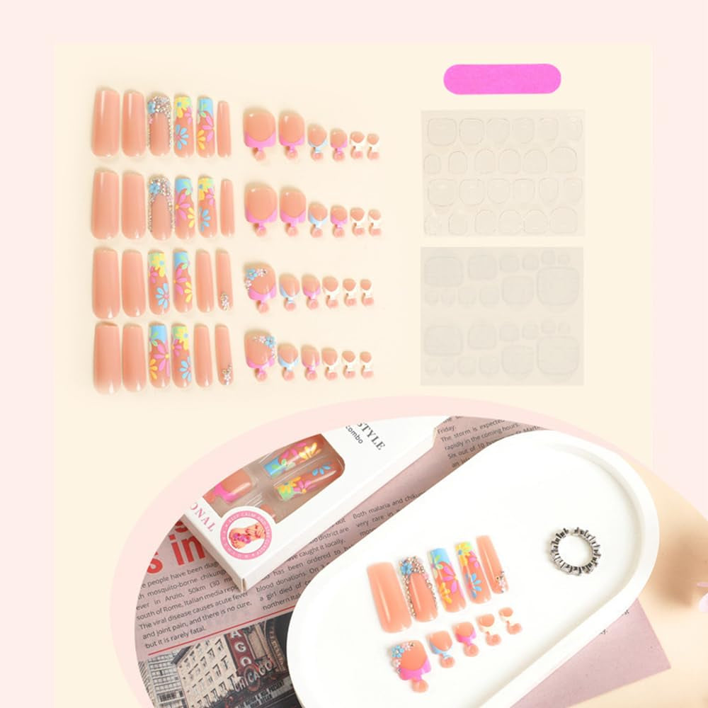 Pink Square Press on Nails Long & Press on Toenails Set -  Flower French Fake Nails Press Ons Nail Art Tips Glue on Nails Full Cover False Toe Nails with Design Stick on Nails Acrylic Nail Kit
