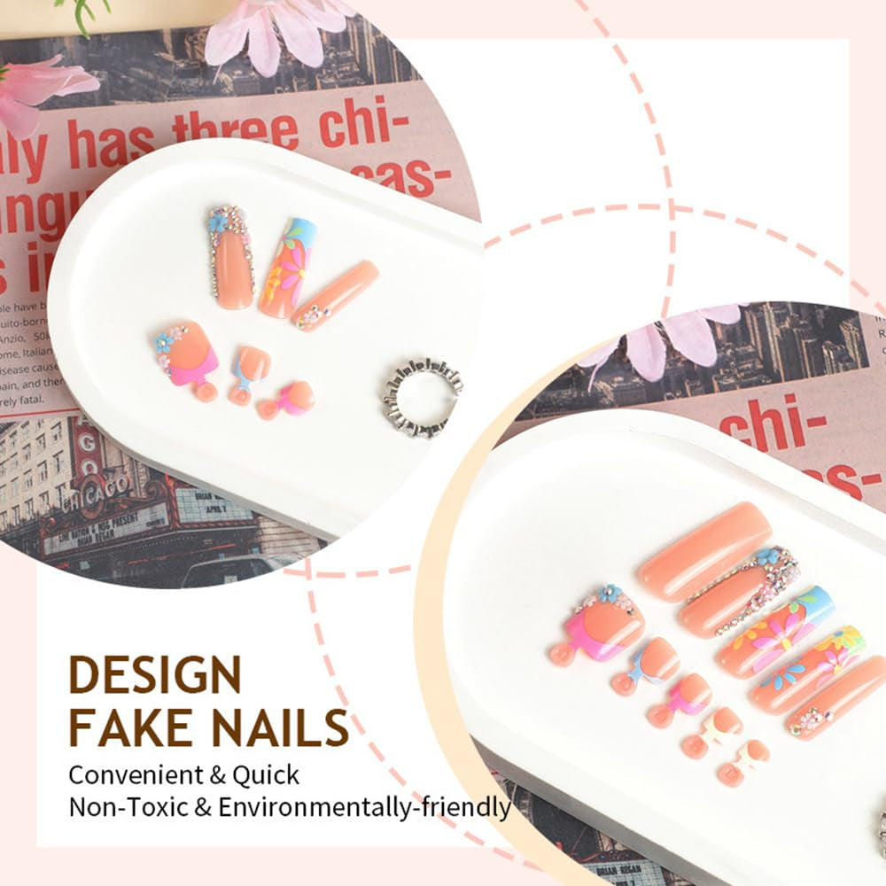 Pink Square Press on Nails Long & Press on Toenails Set -  Flower French Fake Nails Press Ons Nail Art Tips Glue on Nails Full Cover False Toe Nails with Design Stick on Nails Acrylic Nail Kit