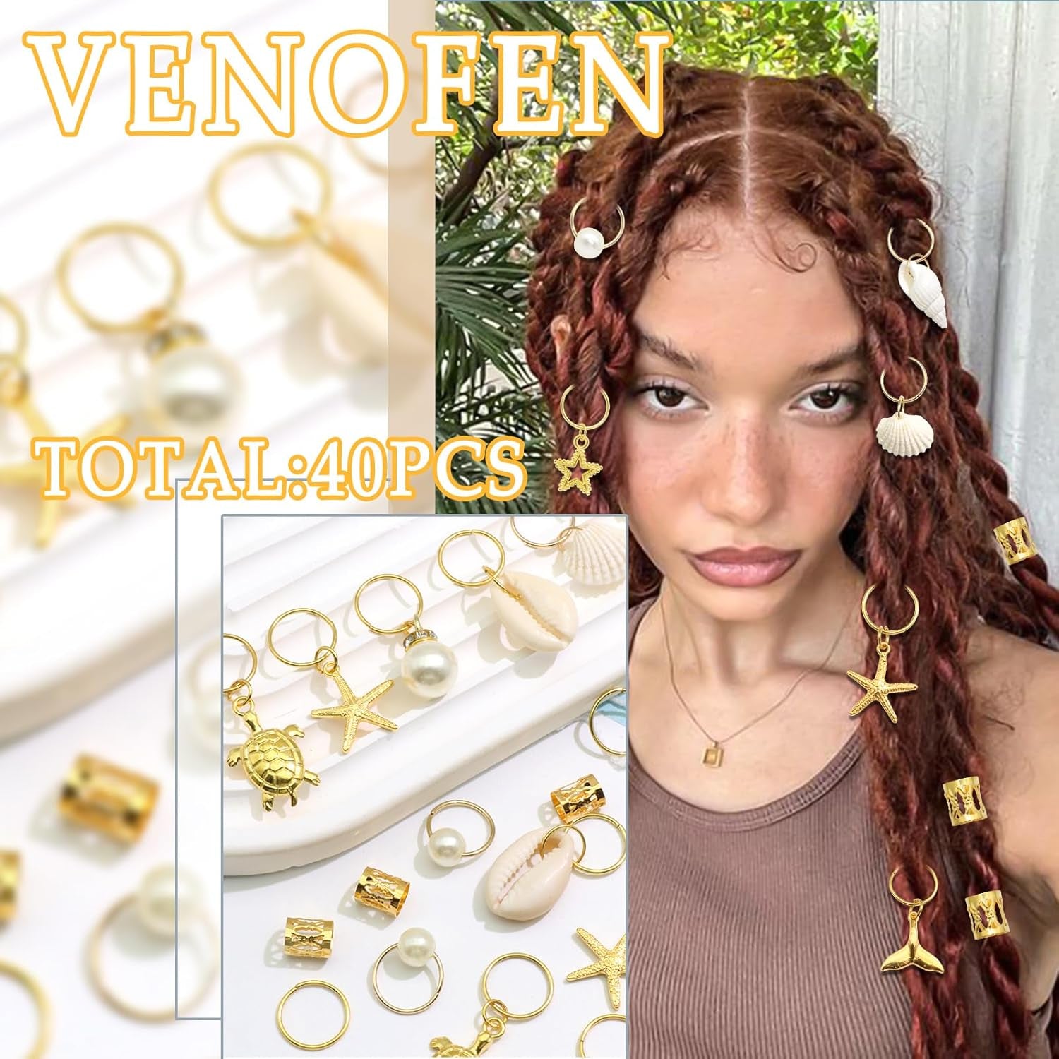40PCS Shell Loc Jewelry Gold Hair Jewelry for Braids Starfish Braids Clips Pearl Dreadlock Jewelry Seashell Braids Accessories Hair Decoration for Women