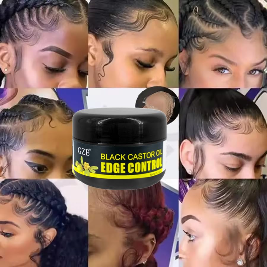 GZE Black Castor Oil Edge Gel Extra Hold Braid, Loc, Twist - Tames Frizz & Controls Edges for Women 4C Hair
