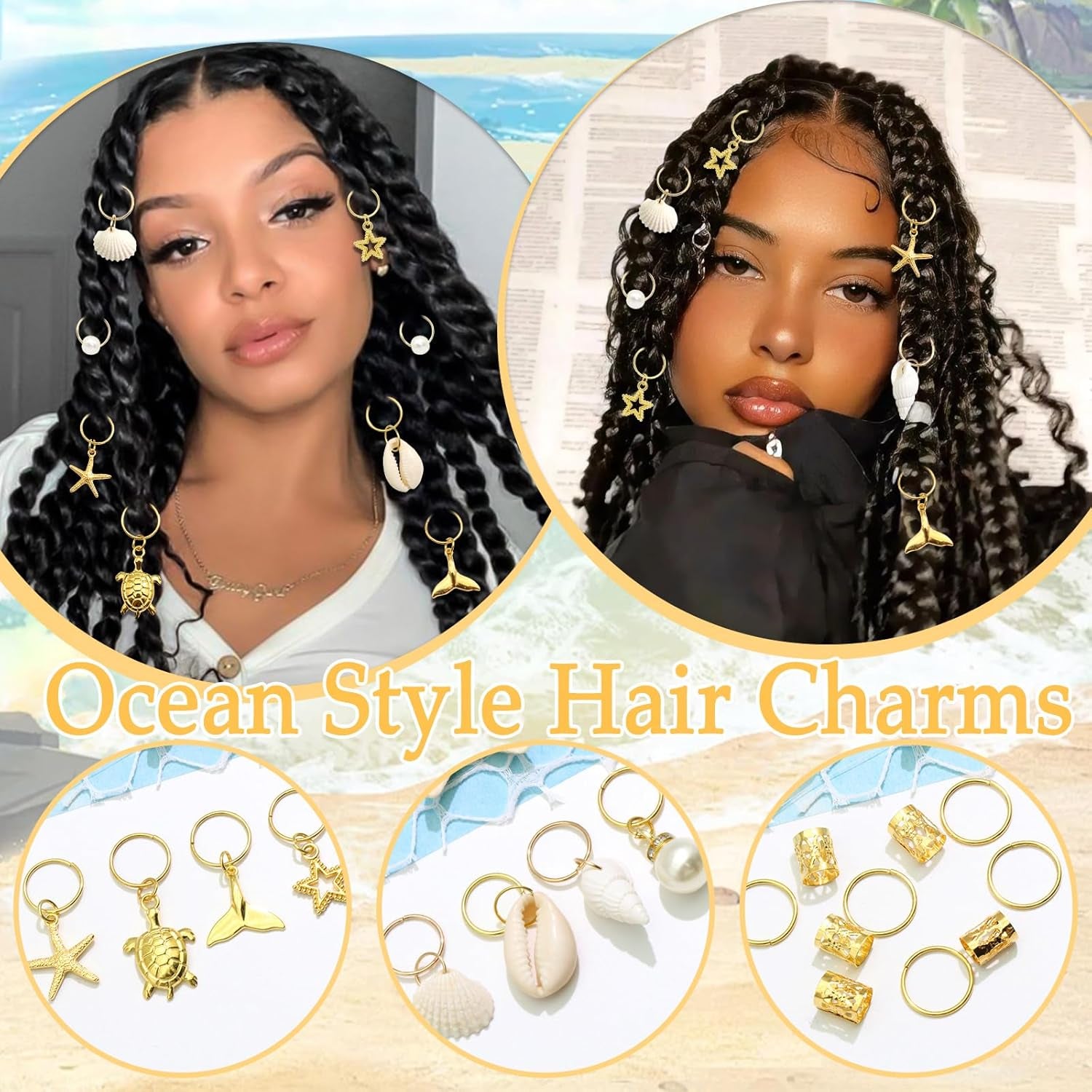 40PCS Shell Loc Jewelry Gold Hair Jewelry for Braids Starfish Braids Clips Pearl Dreadlock Jewelry Seashell Braids Accessories Hair Decoration for Women