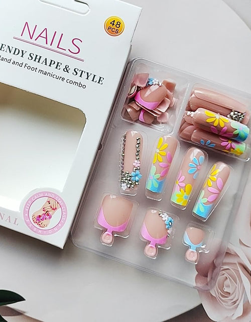 Load image into Gallery viewer, Pink Square Press on Nails Long &amp; Press on Toenails Set -  Flower French Fake Nails Press Ons Nail Art Tips Glue on Nails Full Cover False Toe Nails with Design Stick on Nails Acrylic Nail Kit
