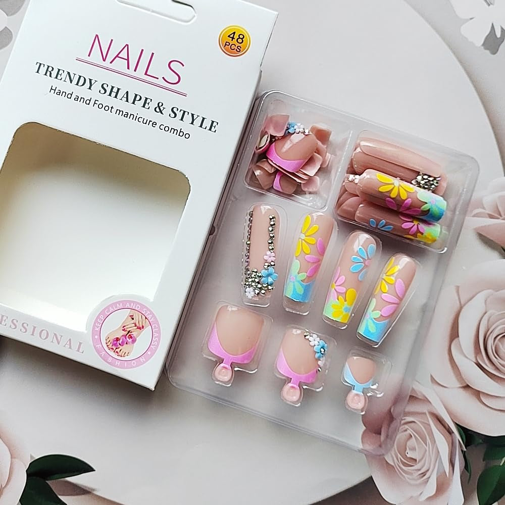 Pink Square Press on Nails Long & Press on Toenails Set -  Flower French Fake Nails Press Ons Nail Art Tips Glue on Nails Full Cover False Toe Nails with Design Stick on Nails Acrylic Nail Kit
