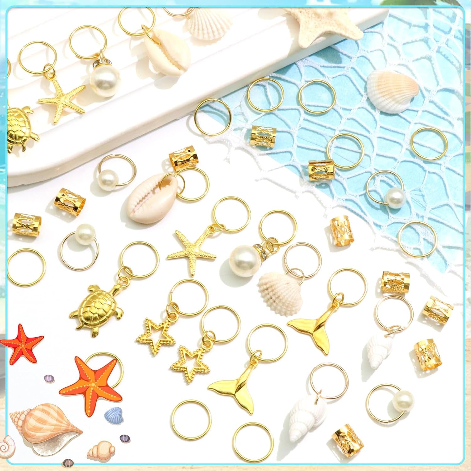 40PCS Shell Loc Jewelry Gold Hair Jewelry for Braids Starfish Braids Clips Pearl Dreadlock Jewelry Seashell Braids Accessories Hair Decoration for Women