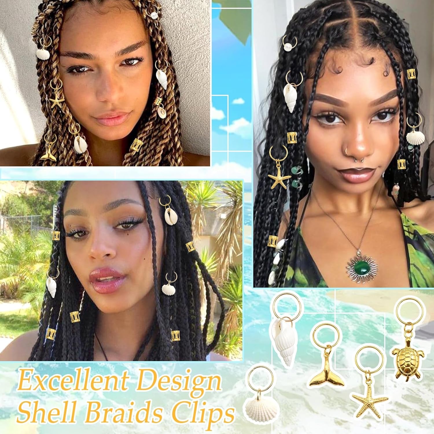 40PCS Shell Loc Jewelry Gold Hair Jewelry for Braids Starfish Braids Clips Pearl Dreadlock Jewelry Seashell Braids Accessories Hair Decoration for Women