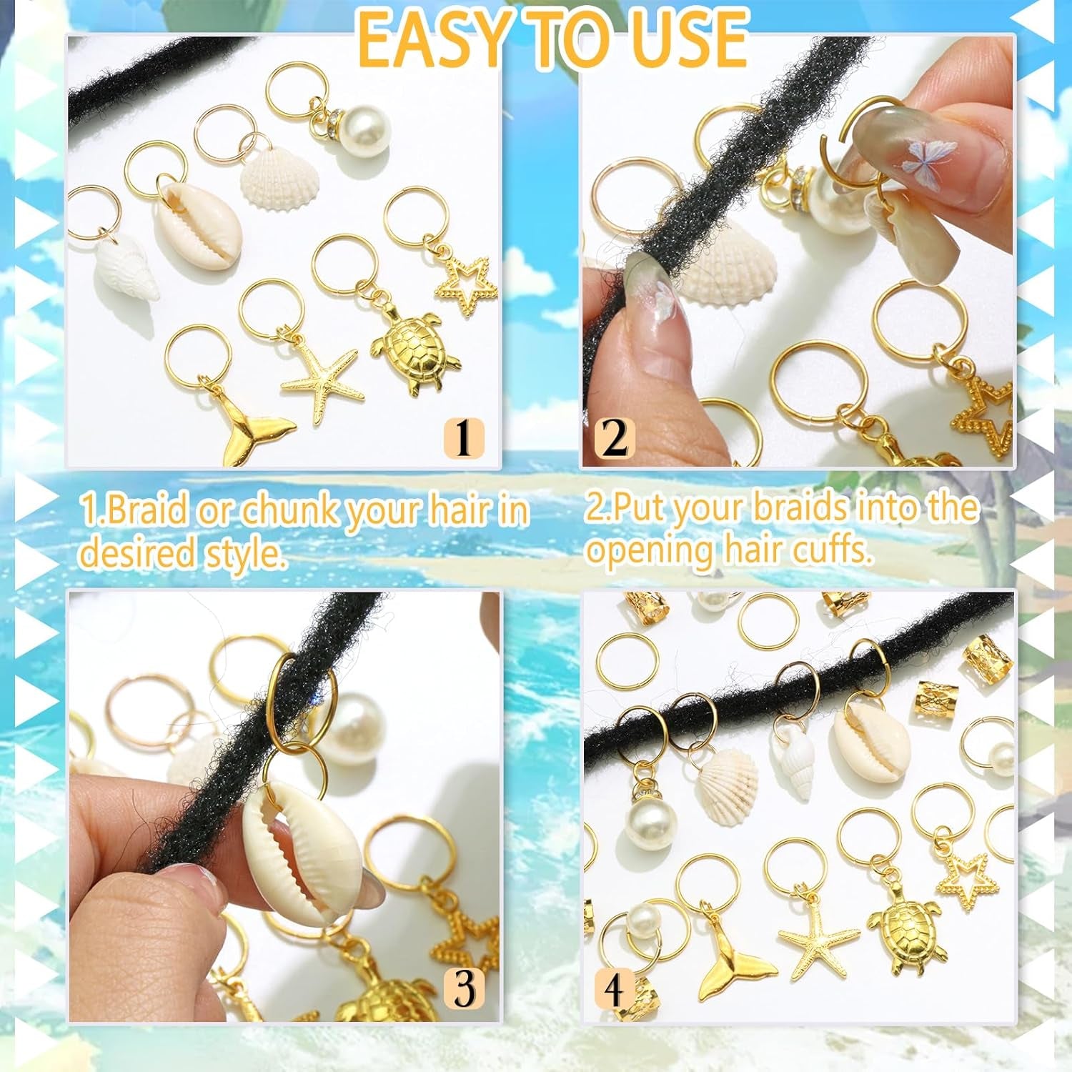 40PCS Shell Loc Jewelry Gold Hair Jewelry for Braids Starfish Braids Clips Pearl Dreadlock Jewelry Seashell Braids Accessories Hair Decoration for Women