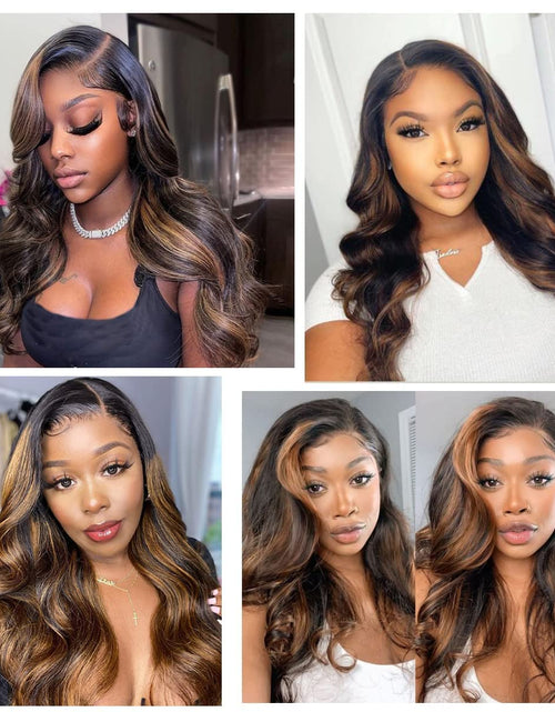 Load image into Gallery viewer, Black Brown Highlight Ombre Lace Front Wig Human Hair Honey Blonde Ombre Lace Front Wig Glueless Body Wave Lace Closure Wigs 4X4 Pre Plucked Bleached Knots for Women Balayage 26 Inch
