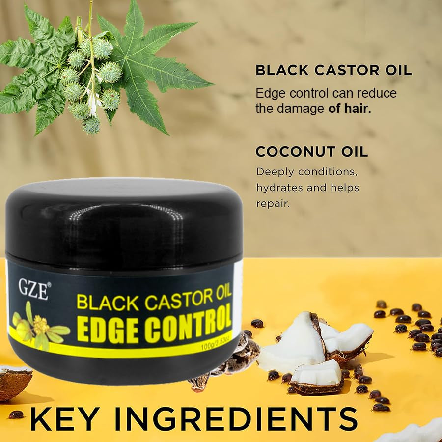 GZE Black Castor Oil Edge Gel Extra Hold Braid, Loc, Twist - Tames Frizz & Controls Edges for Women 4C Hair
